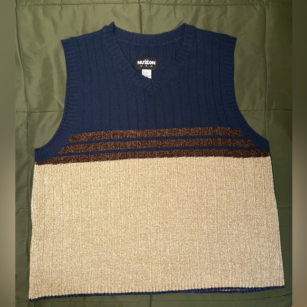 Men's Blue and Tan Sweater Vest